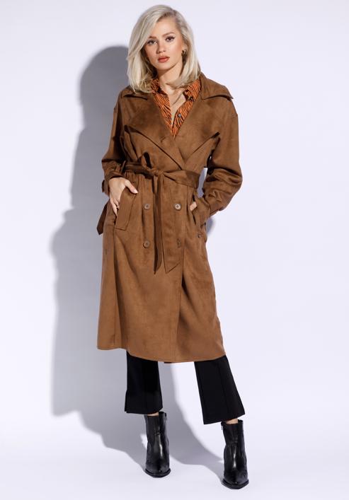 Women's double-breasted  trench coat, brown, 96-9P-107-1-L, Photo 1