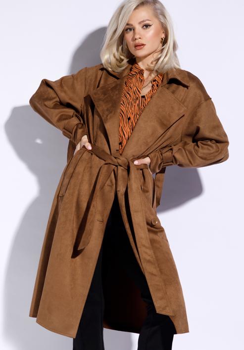 Women's double-breasted  trench coat, brown, 96-9P-107-1-L, Photo 3