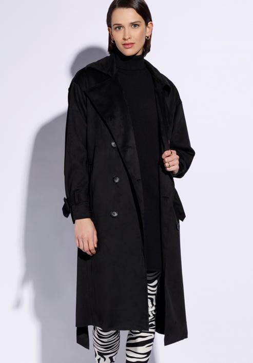 Damski płaszcz dwurzędowy z przeszyciami, czarny, 96-9P-107-1-XL, Zdjęcie 4