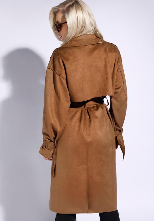 Damski płaszcz dwurzędowy z przeszyciami, brązowy, 96-9P-107-5-M, Zdjęcie 5