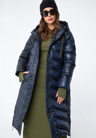 Women's hooded maxi coat, navy blue-black, 97-9D-406-N-L, Photo 1