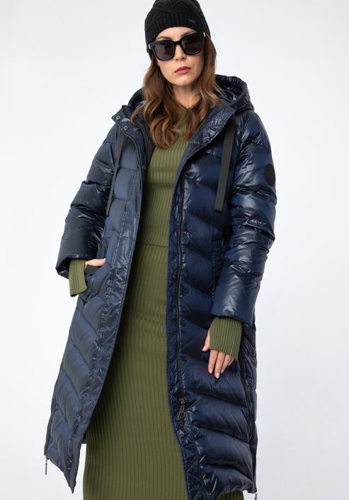 Damski płaszcz pikowany z nylonu długi, granatowo-czarny, 97-9D-406-N-XL, Zdjęcie 1