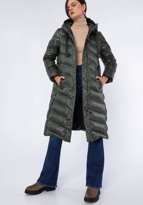 Damski płaszcz pikowany z nylonu długi, zielono-czarny, 97-9D-406-1-L, Zdjęcie 1