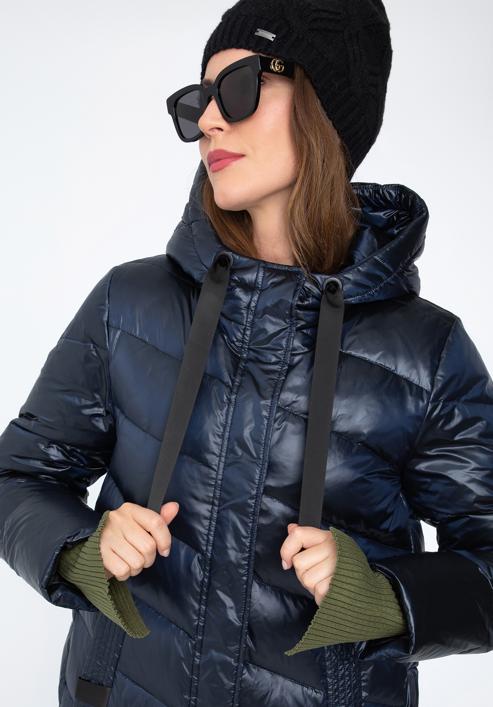 Women's hooded maxi coat, navy blue-black, 97-9D-406-N-L, Photo 2