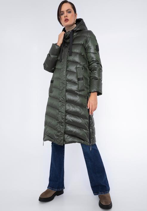 Damski płaszcz pikowany z nylonu długi, zielono-czarny, 97-9D-406-1-L, Zdjęcie 2