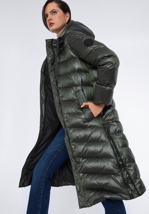 Damski płaszcz pikowany z nylonu długi, zielono-czarny, 97-9D-406-1-L, Zdjęcie 3