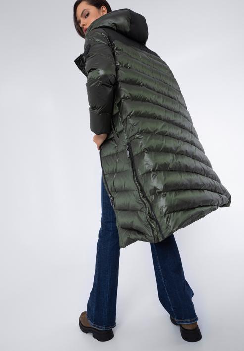 Damski płaszcz pikowany z nylonu długi, zielono-czarny, 97-9D-406-Z-M, Zdjęcie 4