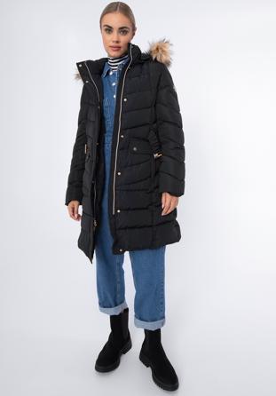 Damski płaszcz pikowany z paskiem, czarny, 97-9D-900-1-2XL, Zdjęcie 1