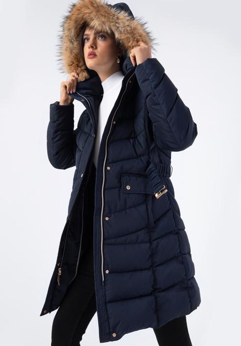Women's quilted coat with belt, navy blue, 97-9D-900-Z-XL, Photo 1