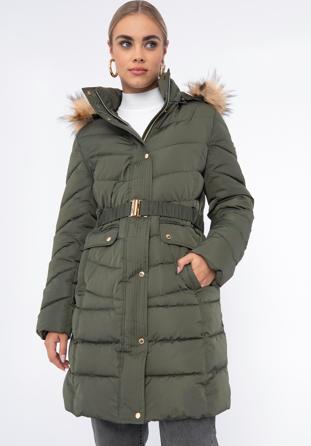 Women's quilted coat with belt, green, 97-9D-900-Z-M, Photo 1