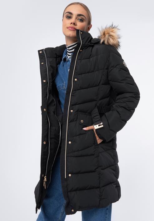 Damski płaszcz pikowany z paskiem, czarny, 97-9D-900-3-M, Zdjęcie 2