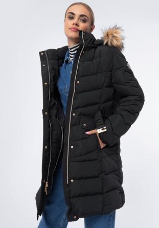 Women's quilted coat with belt, black, 97-9D-900-1-L, Photo 1