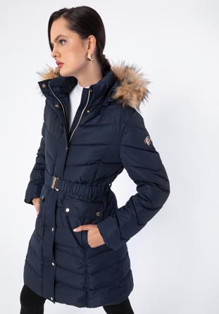 Women's quilted coat with belt, navy blue, 97-9D-900-N-M, Photo 1