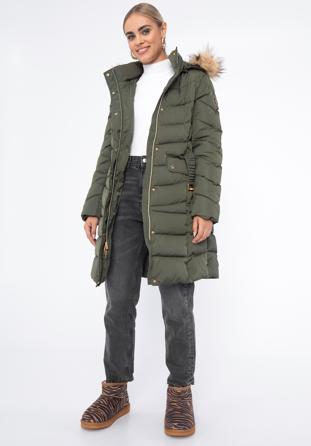 Damski płaszcz pikowany z paskiem, zielony, 97-9D-900-Z-XL, Zdjęcie 1