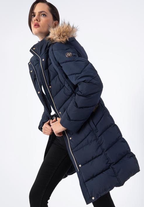 Women's quilted coat with belt, navy blue, 97-9D-900-Z-XL, Photo 3