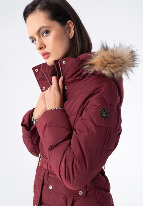 Women's quilted coat with belt, dar red, 97-9D-900-3-M, Photo 4