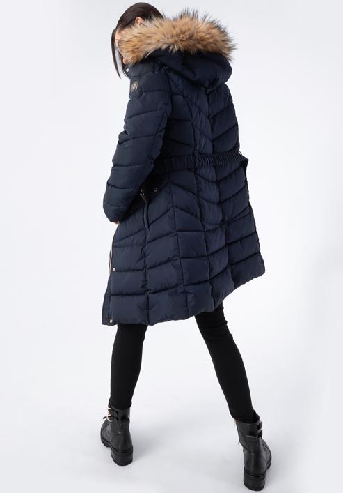 Women's quilted coat with belt, navy blue, 97-9D-900-3-S, Photo 4