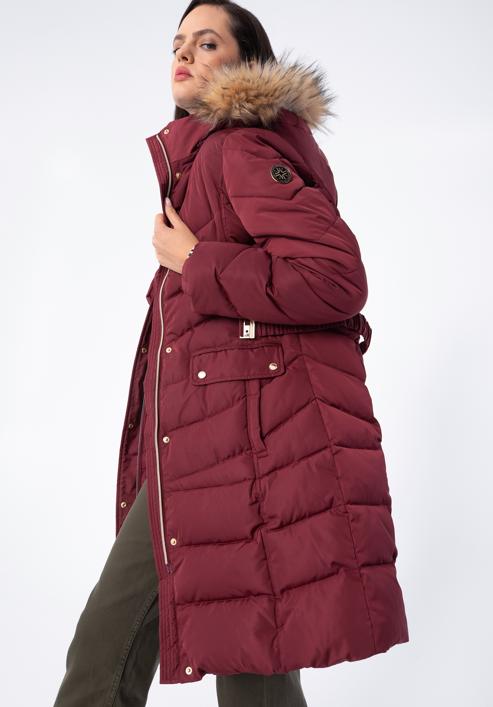 Women's quilted coat with belt, dar red, 97-9D-900-1-M, Photo 5