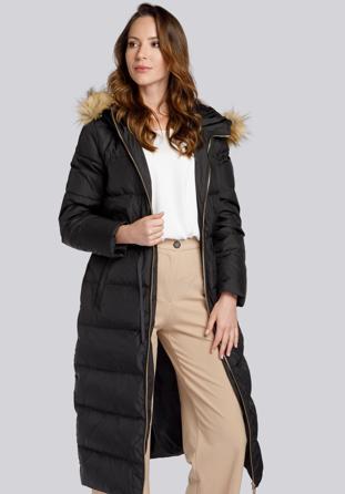 Damski płaszcz pikowany ze ściągaczem w talii, czarny, 93-9D-400-1-XL, Zdjęcie 1