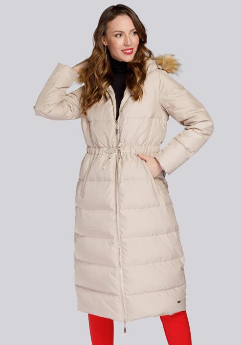 Women's hooded maxi down coat, beige, 93-9D-400-1-XL, Photo 1