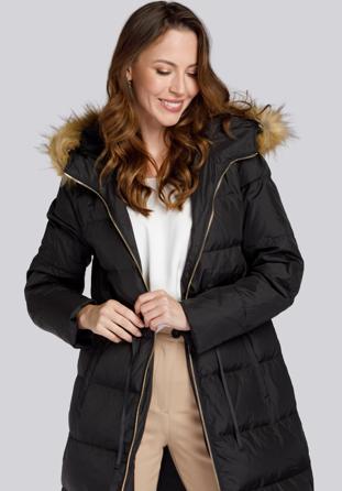 Damski płaszcz pikowany ze ściągaczem w talii, czarny, 93-9D-400-1-XL, Zdjęcie 1