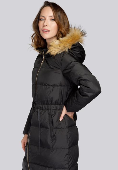Damski płaszcz pikowany ze ściągaczem w talii, czarny, 93-9D-400-9-XL, Zdjęcie 5