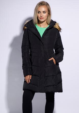 Damska kurtka puchowa pikowana z kapturem, czarny, 95-9D-405-1-XS, Zdjęcie 1