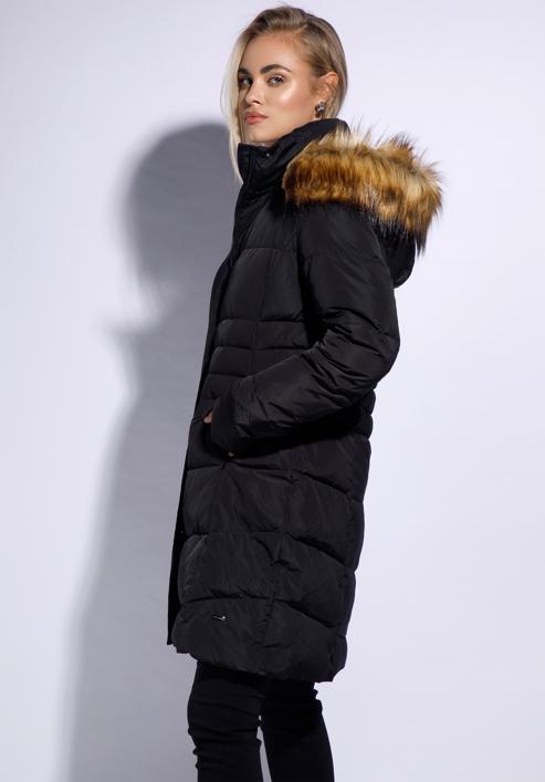 Damska kurtka puchowa pikowana z kapturem, czarny, 95-9D-405-G-S, Zdjęcie 2