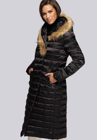 Damski płaszcz puchowy z asymetrycznym sztucznym futerkiem, czarny, 93-9D-408-1-2XL, Zdjęcie 1