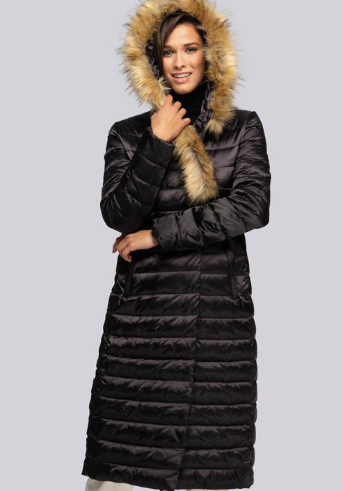 Damski płaszcz puchowy z asymetrycznym sztucznym futerkiem, czarny, 93-9D-408-1-2XL, Zdjęcie 3