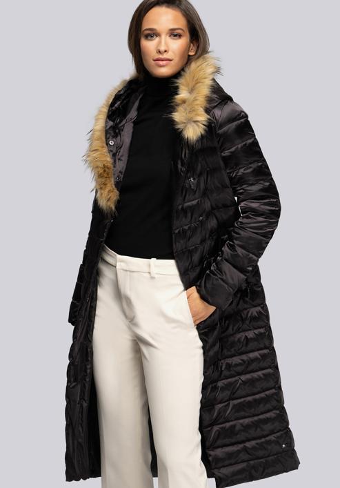 Damski płaszcz puchowy z asymetrycznym sztucznym futerkiem, czarny, 93-9D-408-1-S, Zdjęcie 4