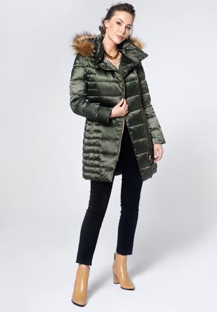 Women's down jacket with off-centre zip, green, 95-9D-403-Z-L, Photo 1