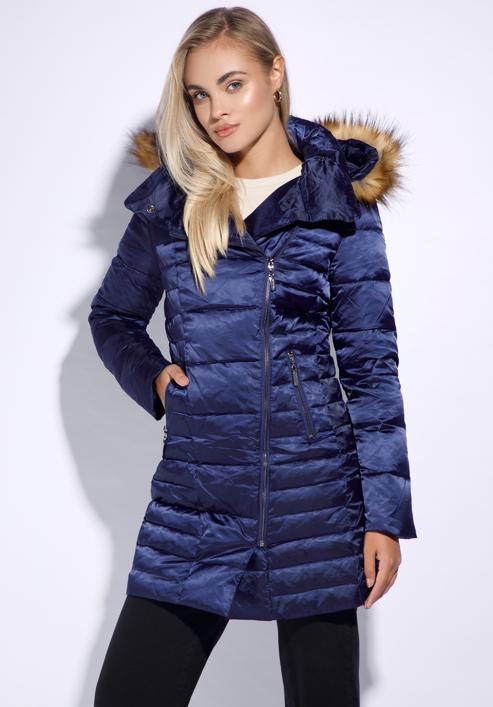 Women's down jacket with off-centre zip, navy blue, 95-9D-403-Z-XS, Photo 2