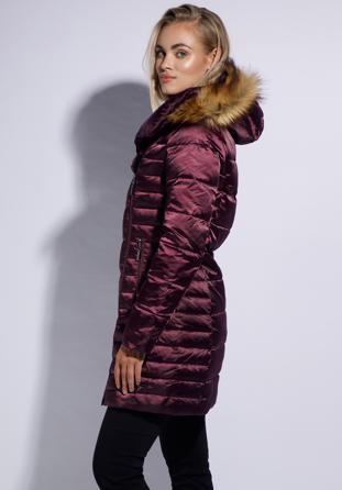Damska kurtka puchowa z asymetrycznym zapięciem, fioletowy, 95-9D-403-P-L, Zdjęcie 1