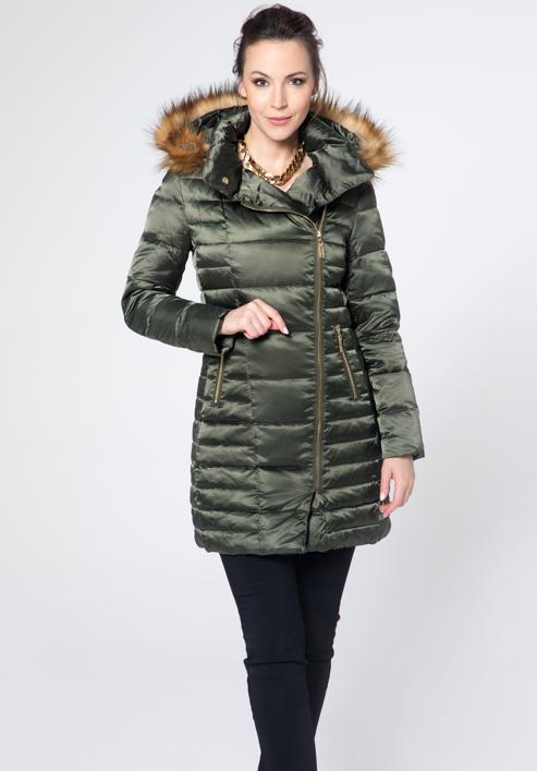 Women's down jacket with off-centre zip, green, 95-9D-403-Z-S, Photo 3