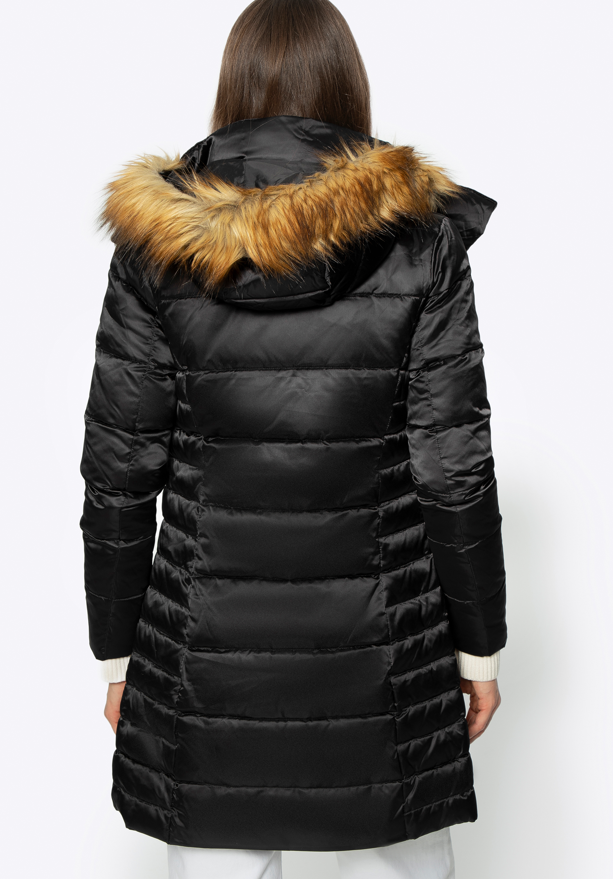 Asymmetrical puffer coat with fur outlet hood