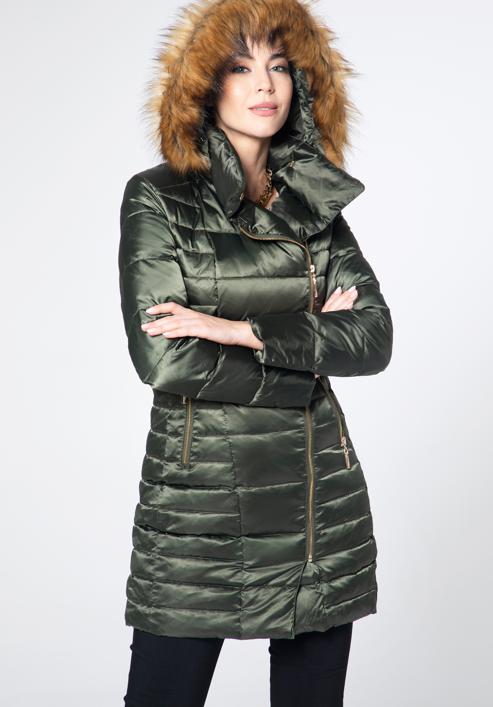 Women's down jacket with off-centre zip, green, 95-9D-403-Z-L, Photo 5