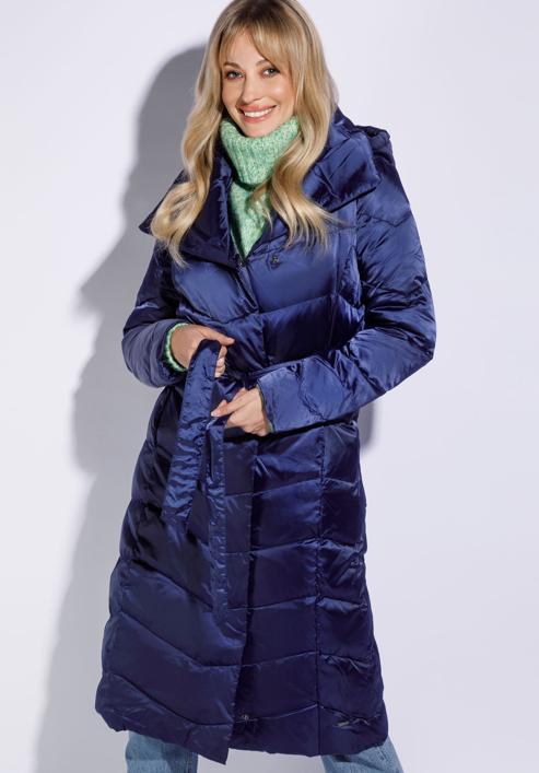 Women's hooded maxi down coat, navy blue, 95-9D-401-N-XS, Photo 1