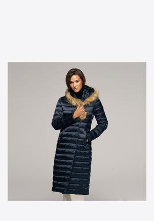 Women's fur hooded maxi down coat, navy blue, 91-9D-400-7-XS, Photo 1