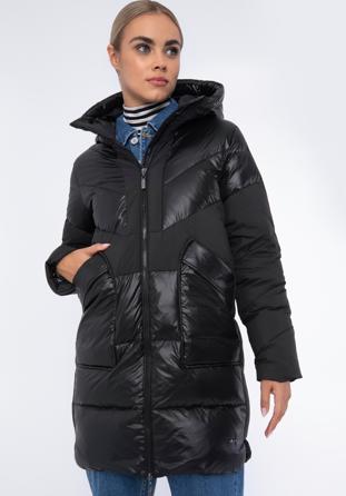 Damski płaszcz puchowy z łączonych materiałów z kapturem, czarny, 97-9D-405-1-XL, Zdjęcie 1