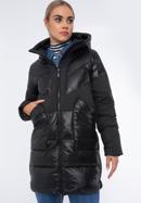 Damski płaszcz puchowy z łączonych materiałów z kapturem, czarny, 97-9D-405-N-XL, Zdjęcie 1