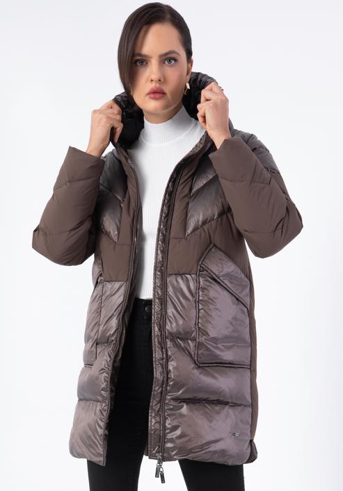 Damski płaszcz puchowy z łączonych materiałów z kapturem, beżowy, 97-9D-405-1-XL, Zdjęcie 1