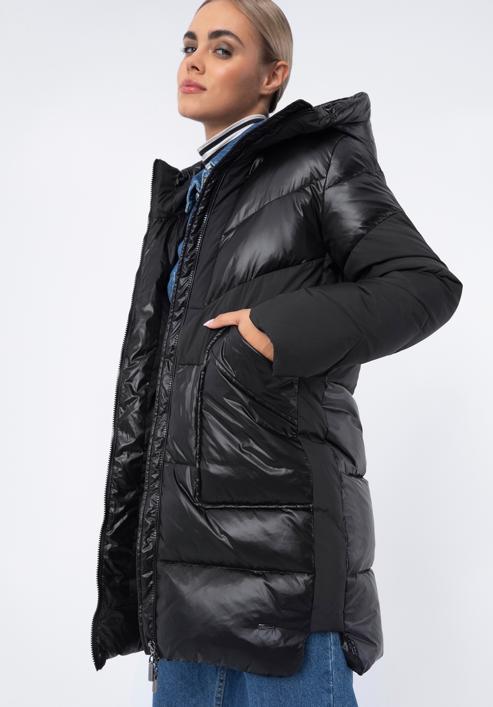 Damski płaszcz puchowy z łączonych materiałów z kapturem, czarny, 97-9D-405-N-XL, Zdjęcie 2