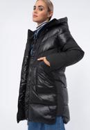 Damski płaszcz puchowy z łączonych materiałów z kapturem, czarny, 97-9D-405-N-L, Zdjęcie 2