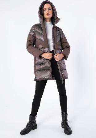 Damski płaszcz puchowy z łączonych materiałów z kapturem, beżowy, 97-9D-405-9-M, Zdjęcie 1