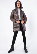 Damski płaszcz puchowy z łączonych materiałów z kapturem, beżowy, 97-9D-405-N-2XL, Zdjęcie 2