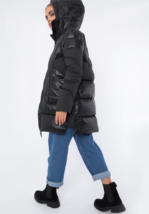 Damski płaszcz puchowy z łączonych materiałów z kapturem, czarny, 97-9D-405-N-XL, Zdjęcie 3