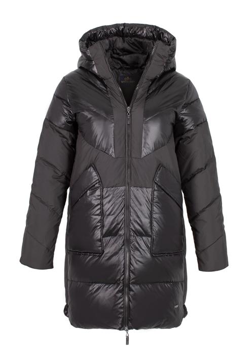 Damski płaszcz puchowy z łączonych materiałów z kapturem, czarny, 97-9D-405-1-2XL, Zdjęcie 30