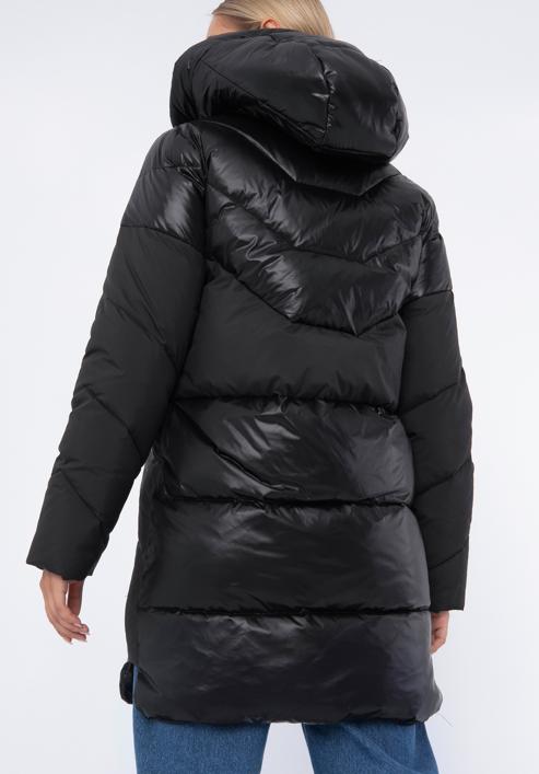 Damski płaszcz puchowy z łączonych materiałów z kapturem, czarny, 97-9D-405-1-3XL, Zdjęcie 4