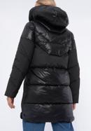 Damski płaszcz puchowy z łączonych materiałów z kapturem, czarny, 97-9D-405-N-M, Zdjęcie 4